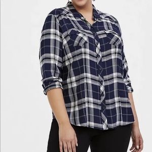 Torrid Plus Size Blue, White & Green Button Up Slim Fit Plaid Shirt - Size 3